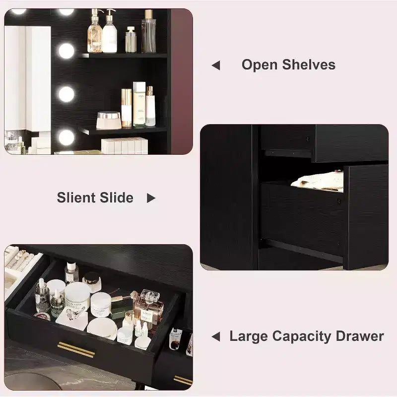 Coiffeuse de maquillage 61 po avec miroir et lumières, 8 grands tiroirs et 2 étagères, 3 modes d'éclairage, luminosité réglable