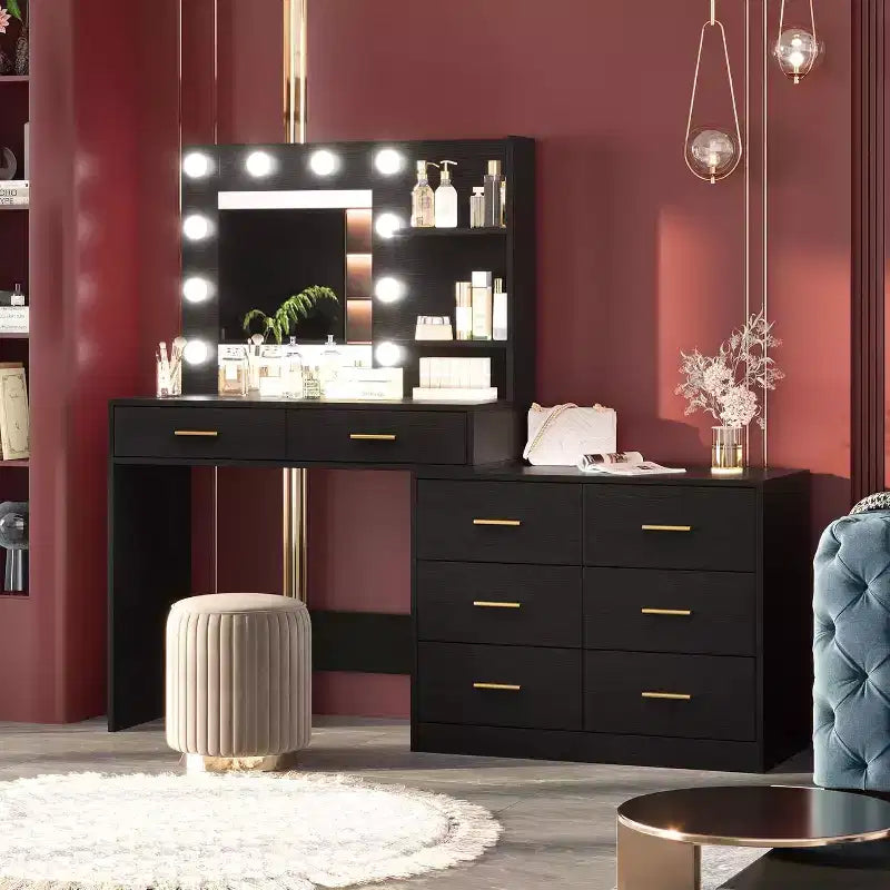 Coiffeuse de maquillage 61 po avec miroir et lumières, 8 grands tiroirs et 2 étagères, 3 modes d'éclairage, luminosité réglable