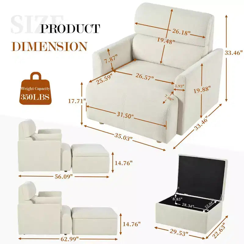 Ensemble de fauteuils d'appoint surdimensionnés TUYOHW, fauteuil de salon moderne de 89 cm avec pouf de rangement, siège profond, fauteuil rembourré pour salon, chambre, bureau