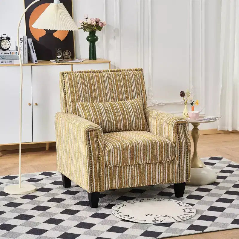 TUYOHW Fauteuil d'appoint moderne, canapé rayé bicolore avec garniture cloutée, cadre en bois massif, fauteuil rembourré pour salon, bureau