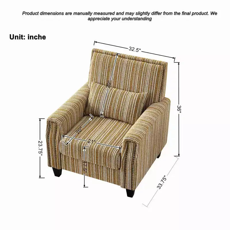 TUYOHW Fauteuil d'appoint moderne, canapé rayé bicolore avec garniture cloutée, cadre en bois massif, fauteuil rembourré pour salon, bureau