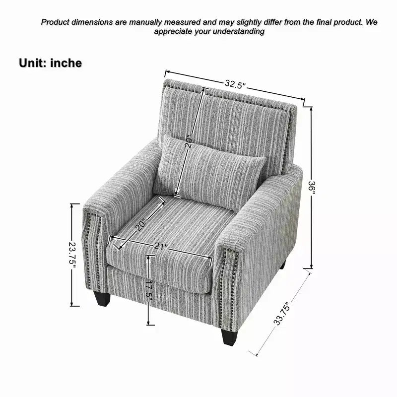 TUYOHW Fauteuil d'appoint moderne, canapé rayé bicolore avec garniture cloutée, cadre en bois massif, fauteuil rembourré pour salon, bureau