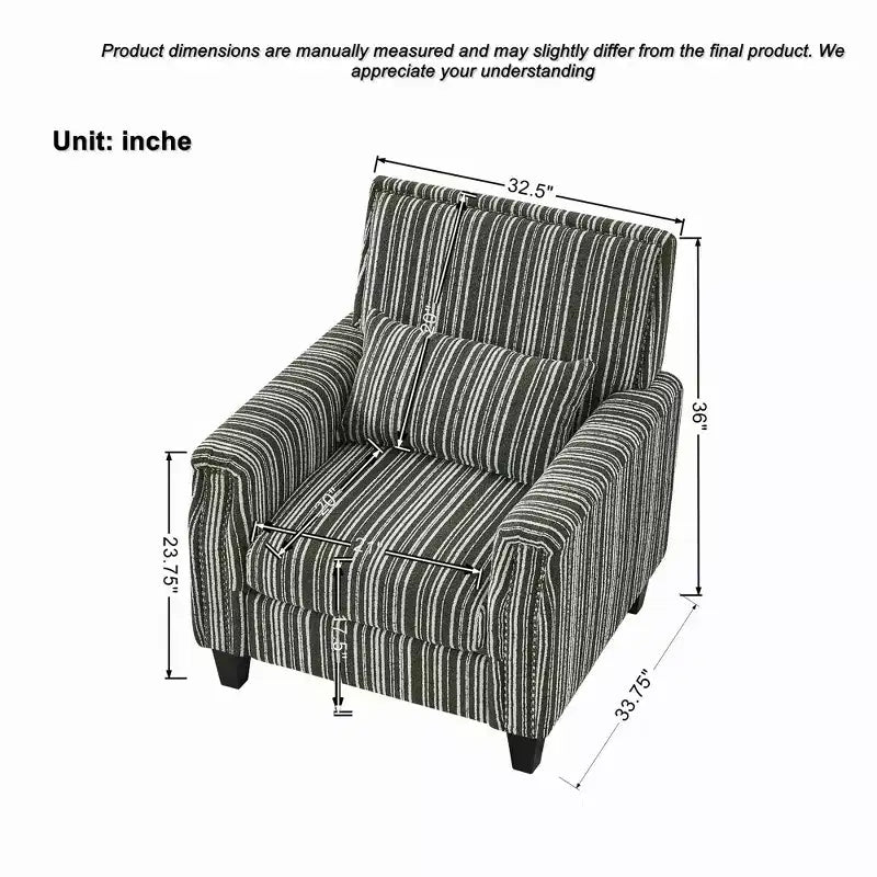 TUYOHW Fauteuil d'appoint moderne, canapé rayé bicolore avec garniture cloutée, cadre en bois massif, fauteuil rembourré pour salon, bureau