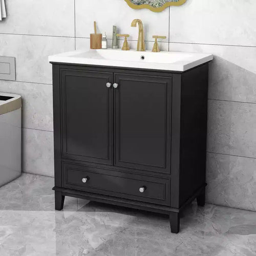 Meuble-lavabo de salle de bain 30 pouces avec lavabo intégré, armoire de salle de bain multifonctionnelle avec portes et tiroir noir