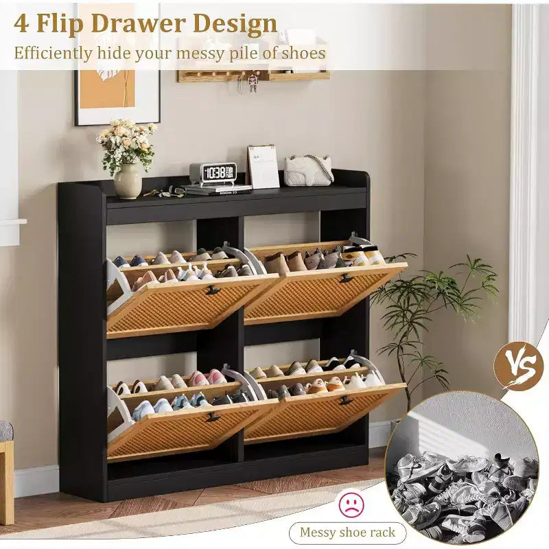 Meuble à chaussures en rotin avec 4 tiroirs basculants, Organisateur de chaussures en bois sur pied avec étagères réglables