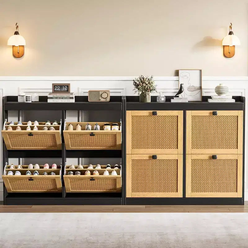 Meuble à chaussures en rotin avec 4 tiroirs basculants, Organisateur de chaussures en bois sur pied avec étagères réglables