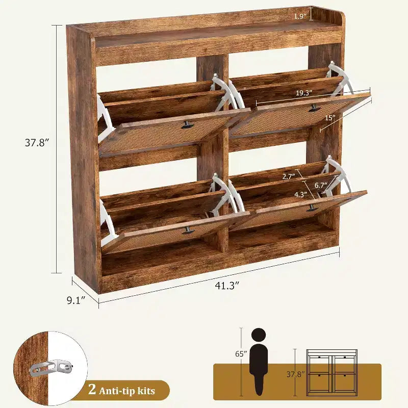Meuble à chaussures en rotin avec 4 tiroirs basculants, Organisateur de chaussures en bois sur pied avec étagères réglables