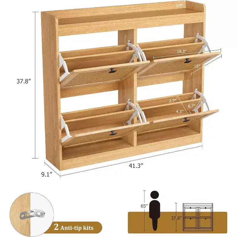 Meuble à chaussures en rotin avec 4 tiroirs basculants, Organisateur de chaussures en bois sur pied avec étagères réglables