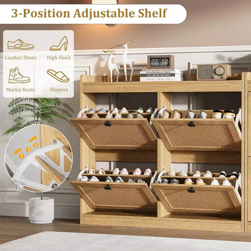 Meuble à chaussures en rotin avec 4 tiroirs basculants, Organisateur de chaussures en bois sur pied avec étagères réglables