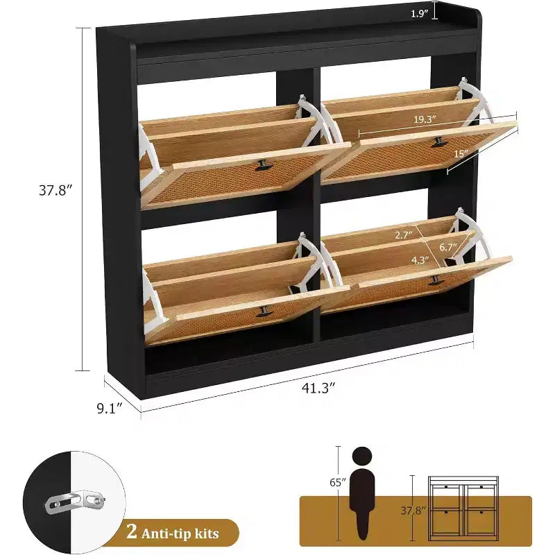 Meuble à chaussures en rotin avec 4 tiroirs basculants, Organisateur de chaussures en bois sur pied avec étagères réglables
