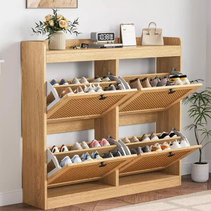 Shoe Cabinet Rattan with 4 Flip Drawers, Wooden Freestanding Shoe Organizer with Adjustable Shelves