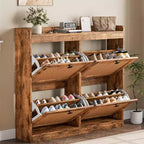 Meuble à chaussures en rotin avec 4 tiroirs basculants, Organisateur de chaussures en bois sur pied avec étagères réglables