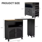 Îlot de cuisine sur roulettes AEELLEEA avec table extensible, chariot de rangement de cuisine roulant en MDF, 2 portes en verre cannelé, 3 étagères latérales ouvertes, noir