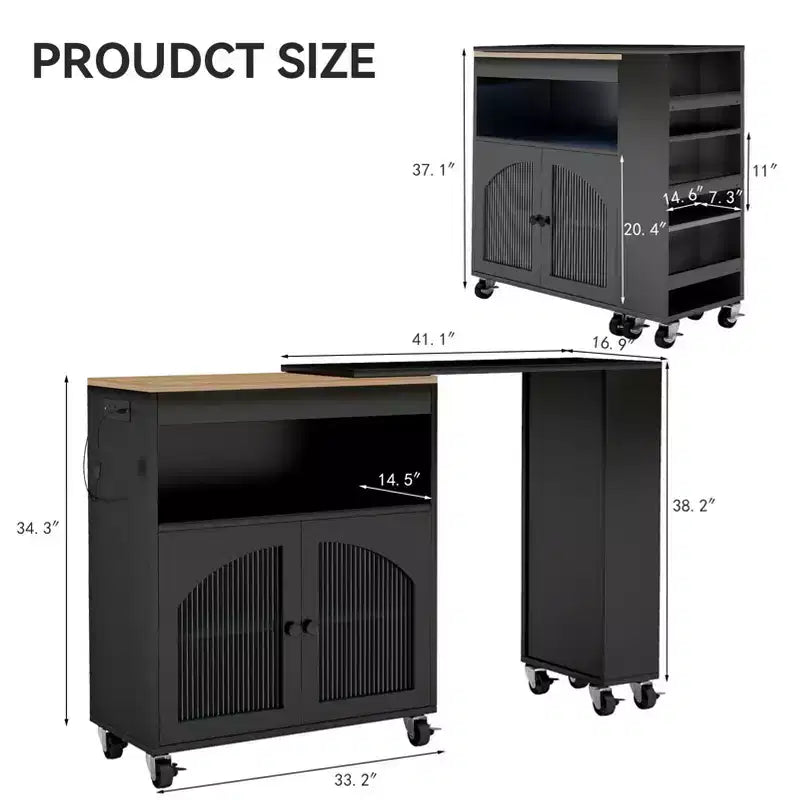 Îlot de cuisine sur roulettes AEELLEEA avec table extensible, chariot de rangement de cuisine roulant en MDF, 2 portes en verre cannelé, 3 étagères latérales ouvertes, noir
