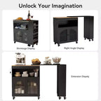 Îlot de cuisine sur roulettes AEELLEEA avec table extensible, chariot de rangement de cuisine roulant en MDF, 2 portes en verre cannelé, 3 étagères latérales ouvertes, noir