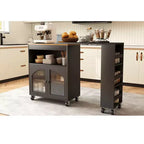 Îlot de cuisine sur roulettes AEELLEEA avec table extensible, chariot de rangement de cuisine roulant en MDF, 2 portes en verre cannelé, 3 étagères latérales ouvertes, noir