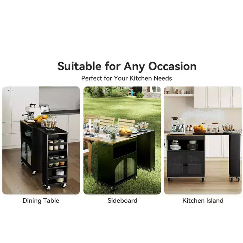Îlot de cuisine sur roulettes AEELLEEA avec table extensible, chariot de rangement de cuisine roulant en MDF, 2 portes en verre cannelé, 3 étagères latérales ouvertes, noir
