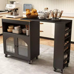 Îlot de cuisine sur roulettes AEELLEEA avec table extensible, chariot de rangement de cuisine roulant en MDF, 2 portes en verre cannelé, 3 étagères latérales ouvertes, noir