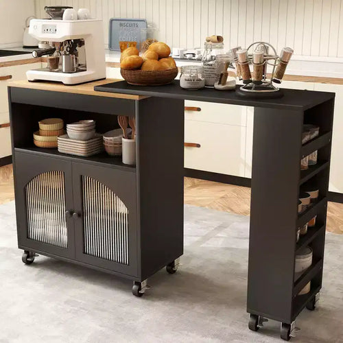 Îlot de cuisine sur roulettes AEELLEEA avec table extensible, chariot de rangement de cuisine roulant en MDF, 2 portes en verre cannelé, 3 étagères latérales ouvertes, noir