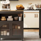 Îlot de cuisine sur roulettes AEELLEEA avec table extensible, chariot de rangement de cuisine roulant en MDF, 2 portes en verre cannelé, 3 étagères latérales ouvertes, noir