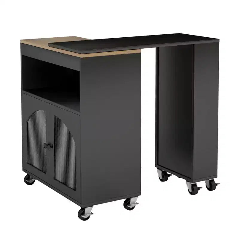 Îlot de cuisine sur roulettes AEELLEEA avec table extensible, chariot de rangement de cuisine roulant en MDF, 2 portes en verre cannelé, 3 étagères latérales ouvertes, noir