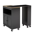 Îlot de cuisine sur roulettes AEELLEEA avec table extensible, chariot de rangement de cuisine roulant en MDF, 2 portes en verre cannelé, 3 étagères latérales ouvertes, noir
