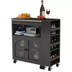 Îlot de cuisine sur roulettes AEELLEEA avec table extensible, chariot de rangement de cuisine roulant en MDF, 2 portes en verre cannelé, 3 étagères latérales ouvertes, noir
