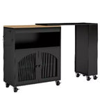 Îlot de cuisine sur roulettes AEELLEEA avec table extensible, chariot de rangement de cuisine roulant en MDF, 2 portes en verre cannelé, 3 étagères latérales ouvertes, noir
