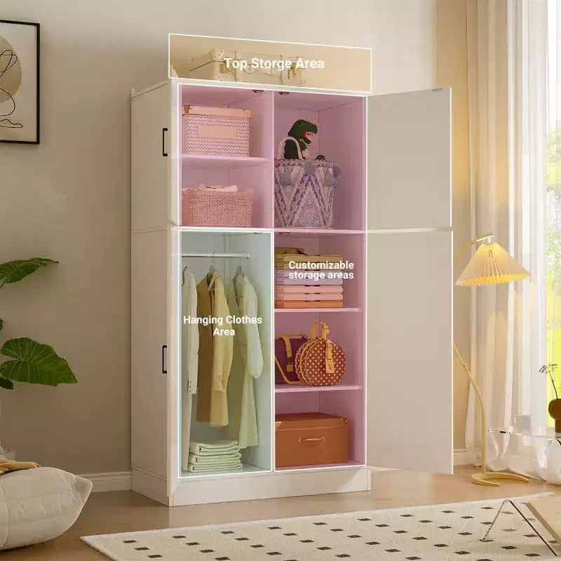 Besiost 71 Organisateur Autoportant avec Étagères Réglables et Tringles, Armoire en Bois avec 4 Portes Coulissantes Façon Grange