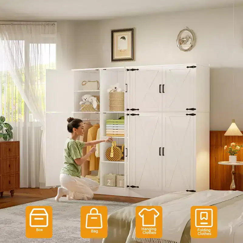 Besiost 71 Organisateur Autoportant avec Étagères Réglables et Tringles, Armoire en Bois avec 4 Portes Coulissantes Façon Grange