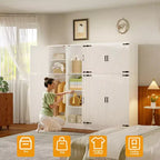 Besiost 71 Organisateur Autoportant avec Étagères Réglables et Tringles, Armoire en Bois avec 4 Portes Coulissantes Façon Grange