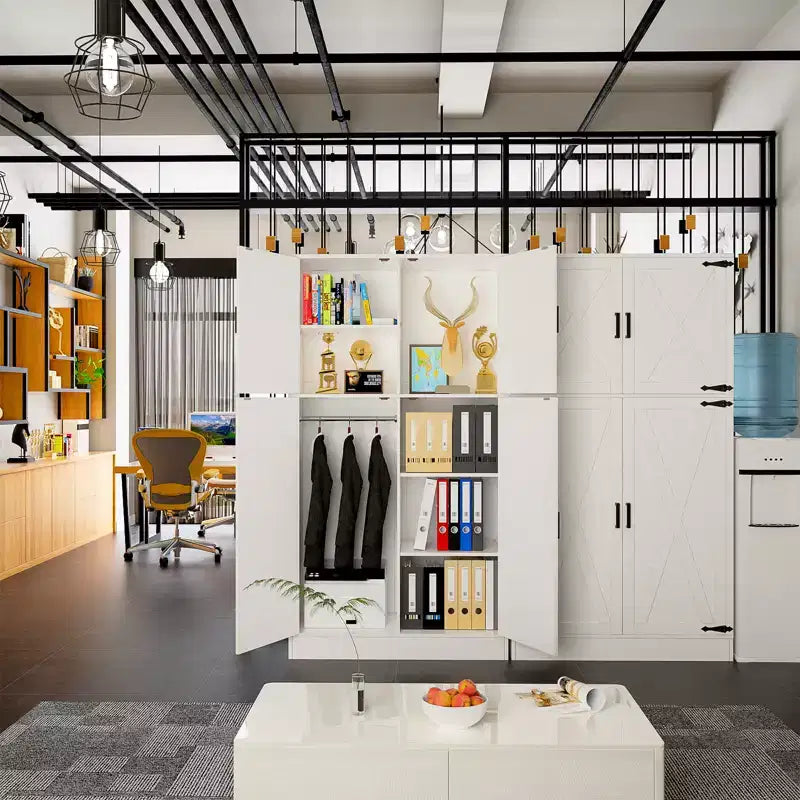 Besiost 71 Organisateur Autoportant avec Étagères Réglables et Tringles, Armoire en Bois avec 4 Portes Coulissantes Façon Grange