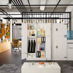 Besiost 71 Organisateur Autoportant avec Étagères Réglables et Tringles, Armoire en Bois avec 4 Portes Coulissantes Façon Grange