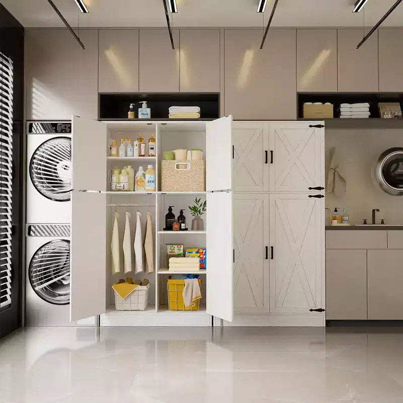 Besiost 71 Organisateur Autoportant avec Étagères Réglables et Tringles, Armoire en Bois avec 4 Portes Coulissantes Façon Grange
