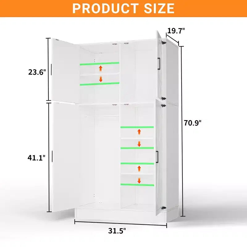 Besiost 71 Organisateur Autoportant avec Étagères Réglables et Tringles, Armoire en Bois avec 4 Portes Coulissantes Façon Grange