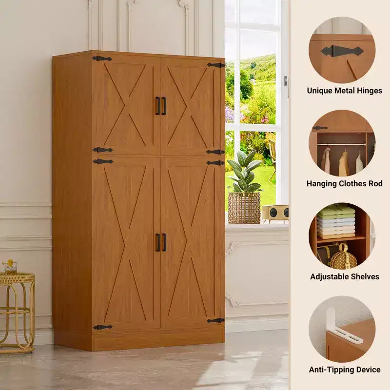 Besiost 71 Organisateur Autoportant avec Étagères Réglables et Tringles, Armoire en Bois avec 4 Portes Coulissantes Façon Grange