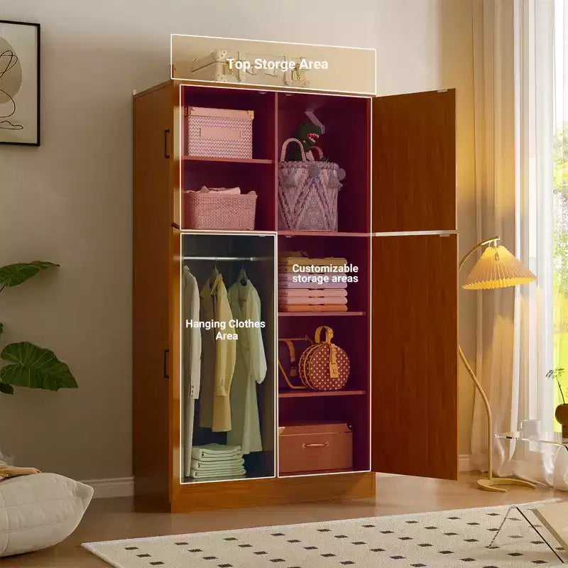 Besiost 71 Organisateur Autoportant avec Étagères Réglables et Tringles, Armoire en Bois avec 4 Portes Coulissantes Façon Grange