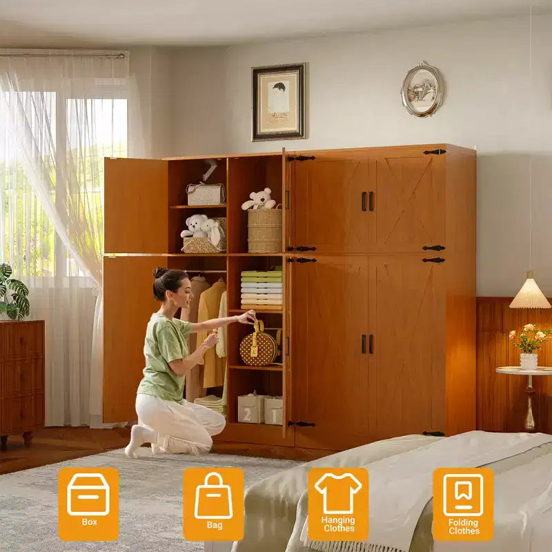 Besiost 71 Organisateur Autoportant avec Étagères Réglables et Tringles, Armoire en Bois avec 4 Portes Coulissantes Façon Grange