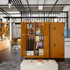 Besiost 71 Organisateur Autoportant avec Étagères Réglables et Tringles, Armoire en Bois avec 4 Portes Coulissantes Façon Grange