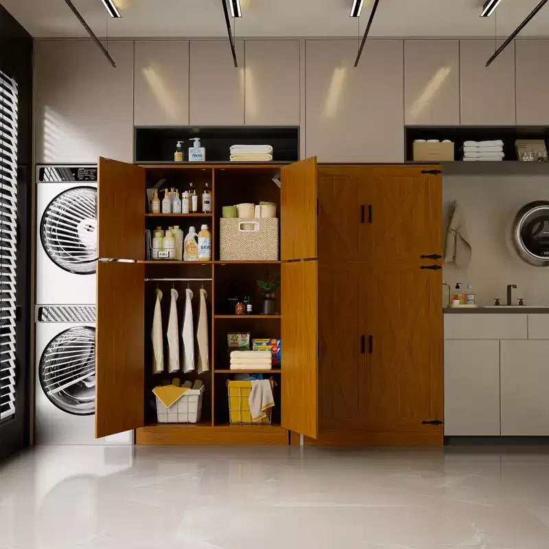Besiost 71 Organisateur Autoportant avec Étagères Réglables et Tringles, Armoire en Bois avec 4 Portes Coulissantes Façon Grange