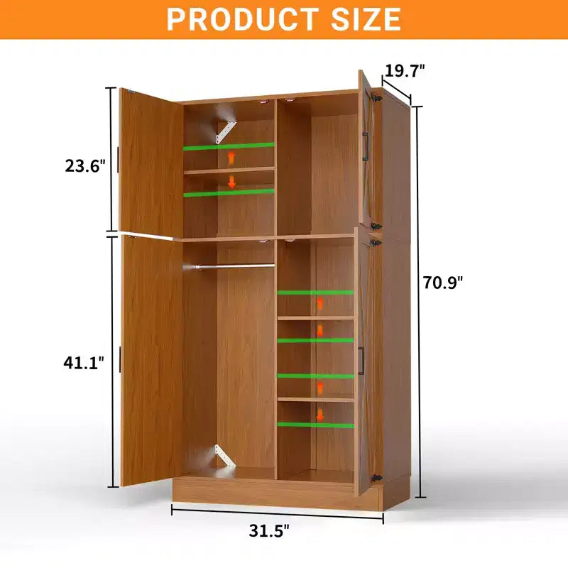 Besiost 71 Organisateur Autoportant avec Étagères Réglables et Tringles, Armoire en Bois avec 4 Portes Coulissantes Façon Grange
