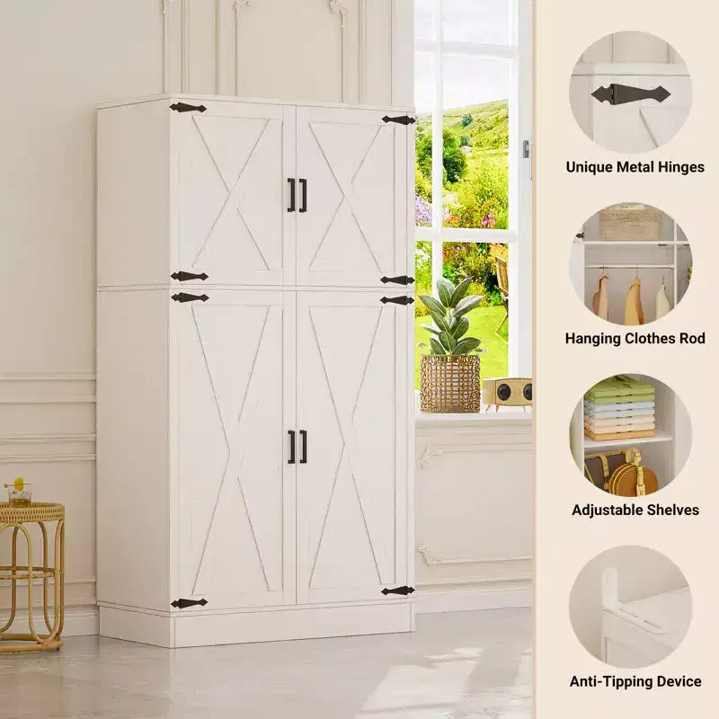 Besiost 71 Organisateur Autoportant avec Étagères Réglables et Tringles, Armoire en Bois avec 4 Portes Coulissantes Façon Grange