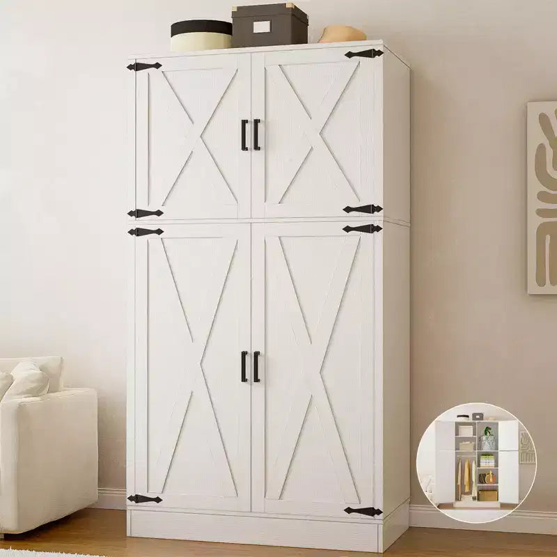 Besiost 71 Organisateur Autoportant avec Étagères Réglables et Tringles, Armoire en Bois avec 4 Portes Coulissantes Façon Grange
