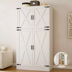 Besiost 71 Organisateur Autoportant avec Étagères Réglables et Tringles, Armoire en Bois avec 4 Portes Coulissantes Façon Grange