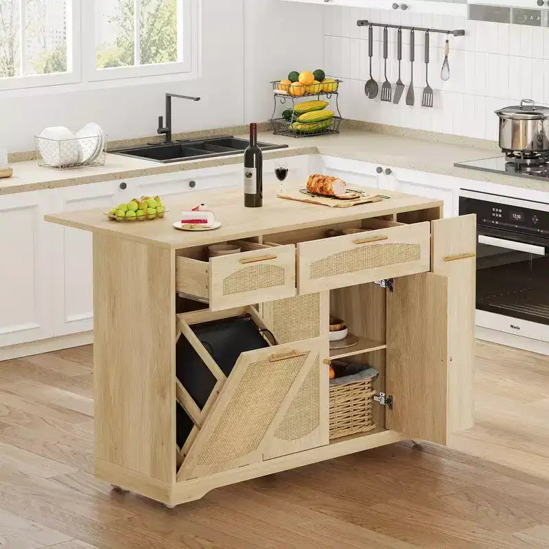53 Îlot de cuisine avec abattant, Desserte de cuisine roulante sur roulettes, Meuble poubelle inclinable avec tiroirs, Étagère à épices pour salon