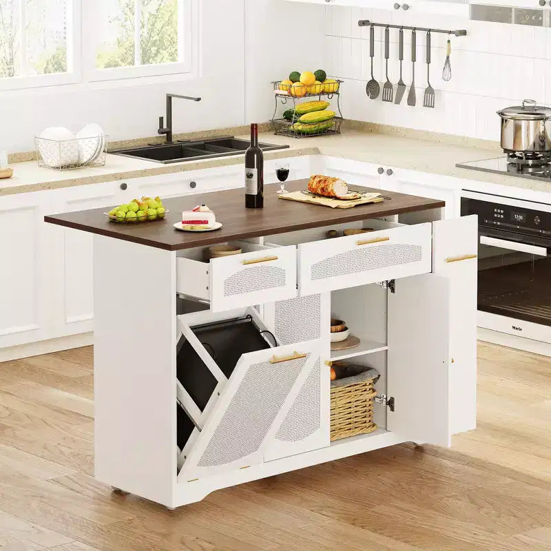 53 Îlot de cuisine avec abattant, Desserte de cuisine roulante sur roulettes, Meuble poubelle inclinable avec tiroirs, Étagère à épices pour salon