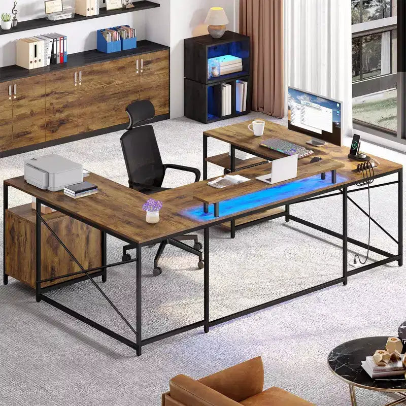 Bureau d'angle en U avec tiroirs, bureau d'ordinateur, bureau de travail avec support d'écran et étagères de rangement, marron
