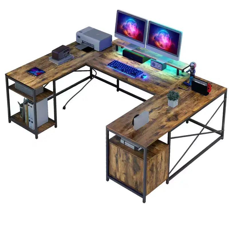 Bureau d'angle en U avec tiroirs, bureau d'ordinateur, bureau de travail avec support d'écran et étagères de rangement, marron