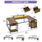 Bureau d'angle en U avec tiroirs, bureau d'ordinateur, bureau de travail avec support d'écran et étagères de rangement, marron