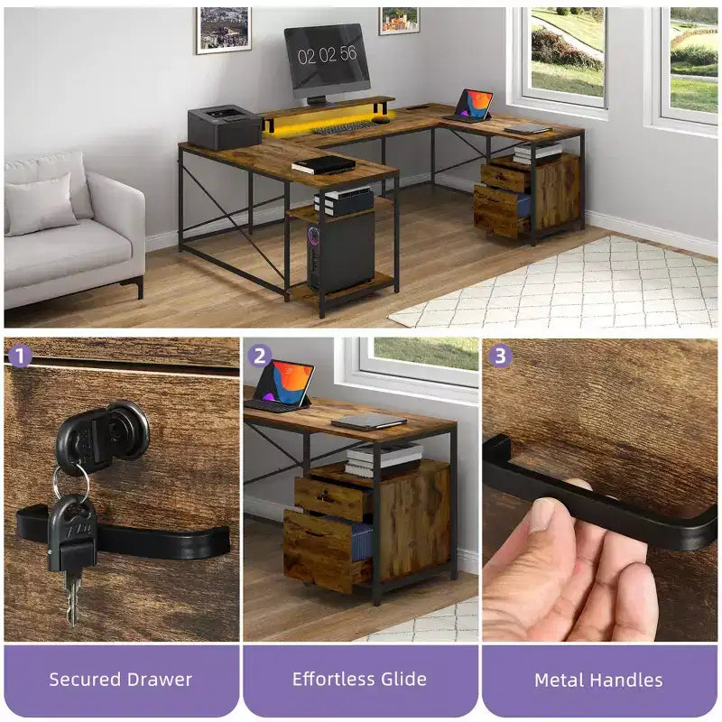 Bureau d'angle en U avec tiroirs, bureau d'ordinateur, bureau de travail avec support d'écran et étagères de rangement, marron